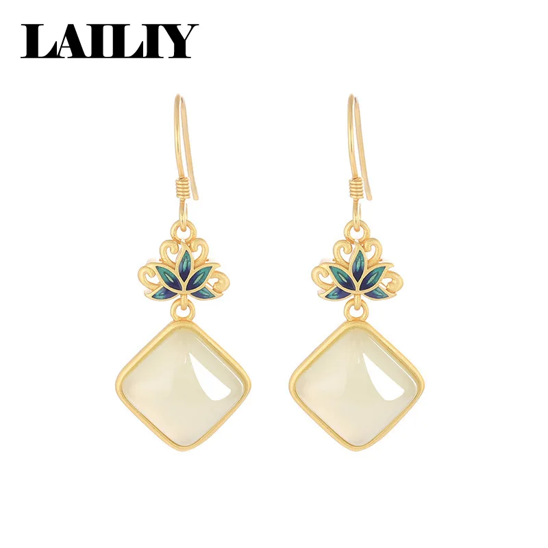 LAILIY 925 Sterling Silver 18K Gold Birthday Gift Party Lotus Enamel Jade Earrings Ear pendant For Women Fashion Jewelry