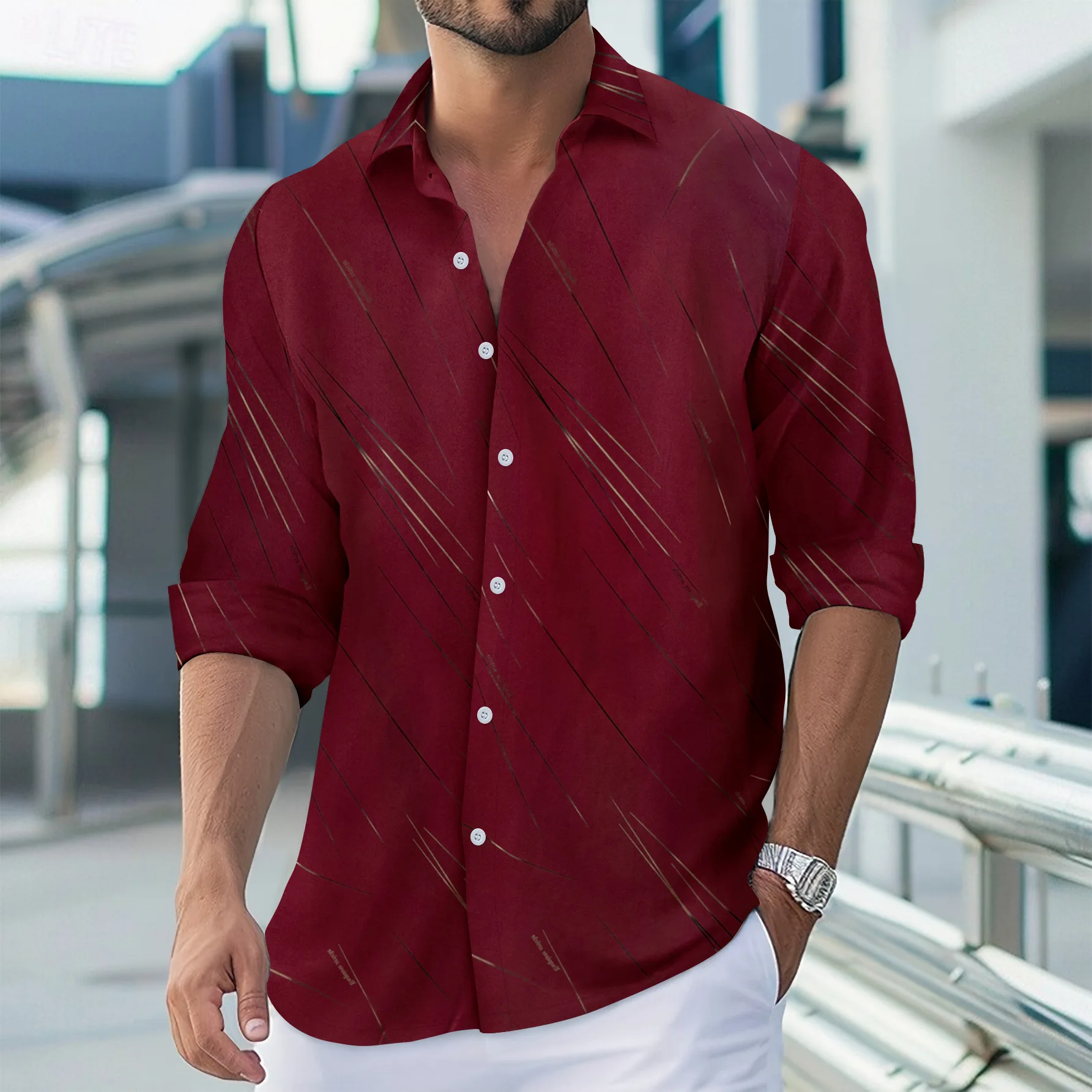 Camisa de manga larga hawaiana informal con estampado de líneas doradas y solapa para hombre, nuevo diseño explosivo, a la moda