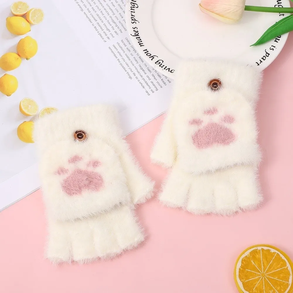 Fashion Soft Cat Paw Gloves Flip Up and Down Thicken Half Finger Gloves Touch Screen Cozy Warm Mittens Writing