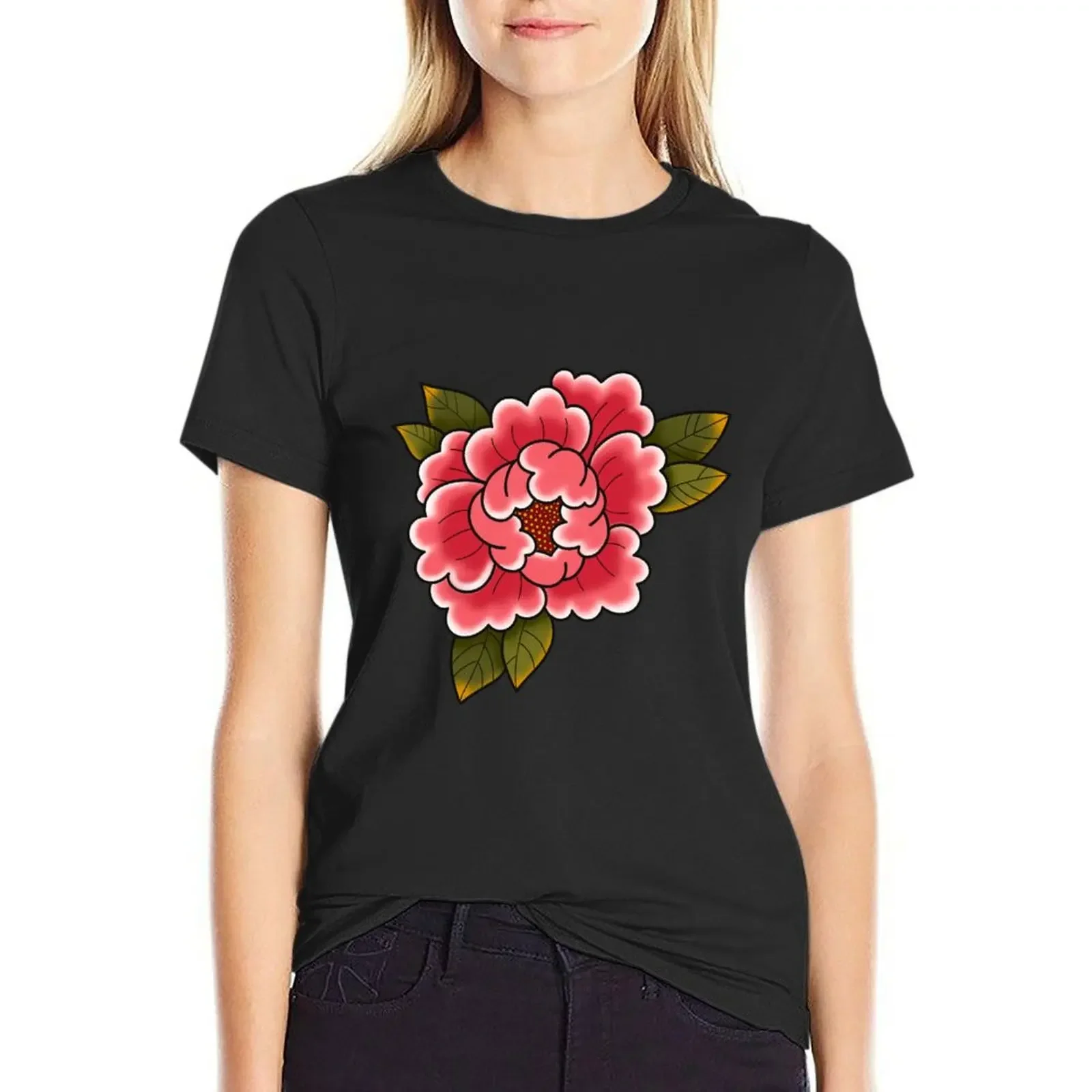 

Red Peony T-Shirt Blouse blacks vintage clothes clothes for Women