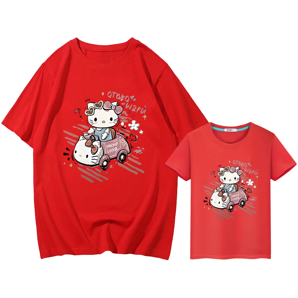 Camiseta con estampado de hello kitty para hombres y mujeres, ropa a juego, 100% algodón, Anime corto, y2k, mamá e hija, trajes familiares