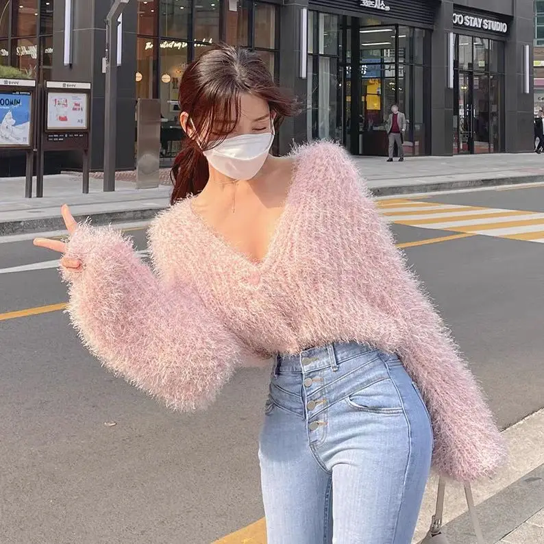 Women Yellow Mink Cashmere Knitted Cardigan V-neck Velvet Mohair Sweater Coat Long-sleeved Wild Plush Single-breasted Crop Tops