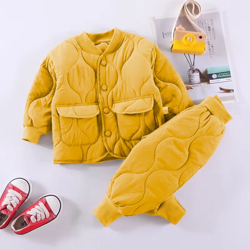 Korean version Baby Boy Clothes children\'s thickened insulation with cotton clip winter set suitable for baby top jacket+pants