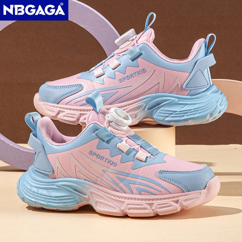Autumn Winter Children Girls Leather Sport Shoes Rotating Button Design Anti‑Slip Running Sneakers For Student Outdoor Walking