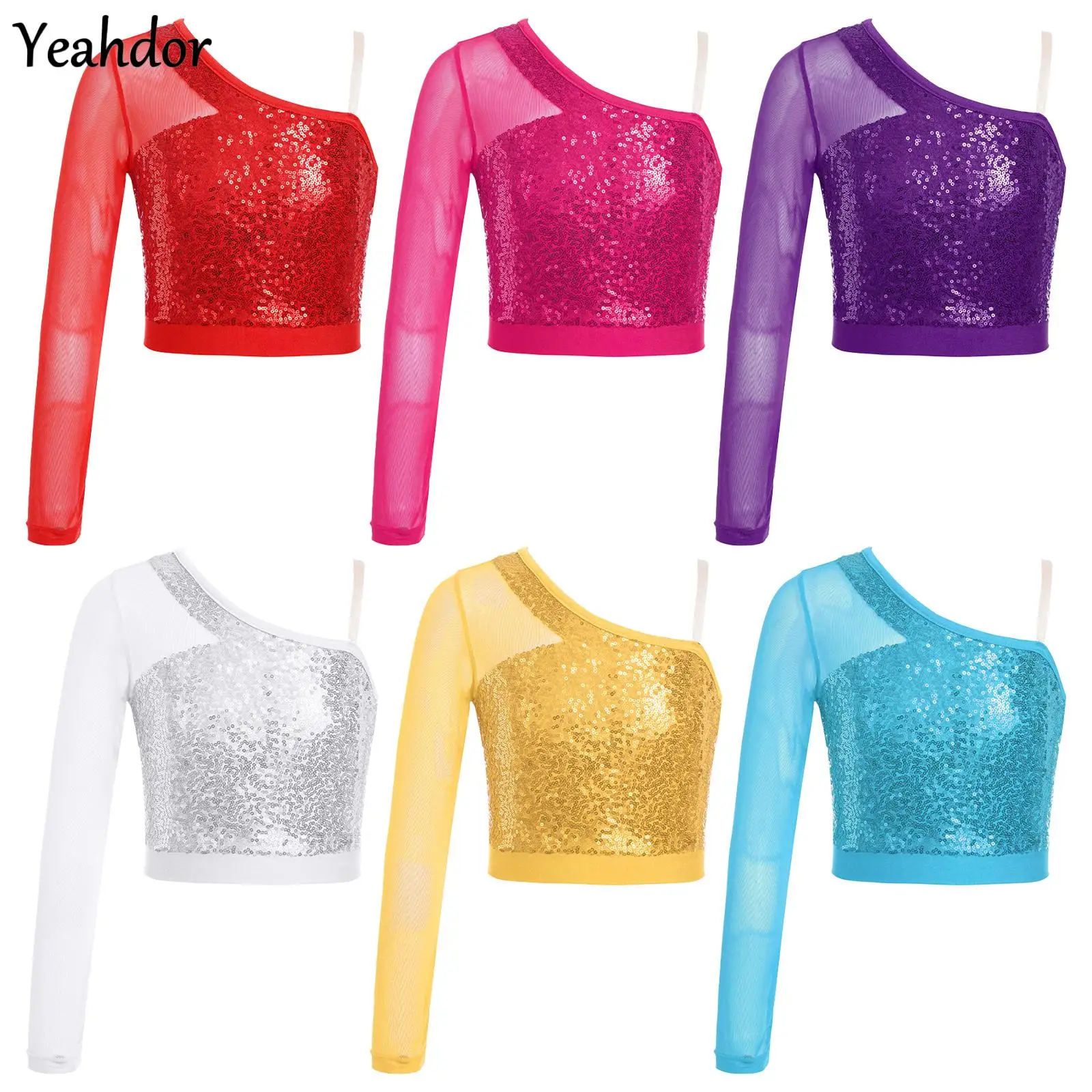 

Girls Shiny Sequin T-shirt Sheer Mesh One Shoulder Sleeve Crop Top Cheerleading Performance Street Hip Hop Jazz Dance Costume