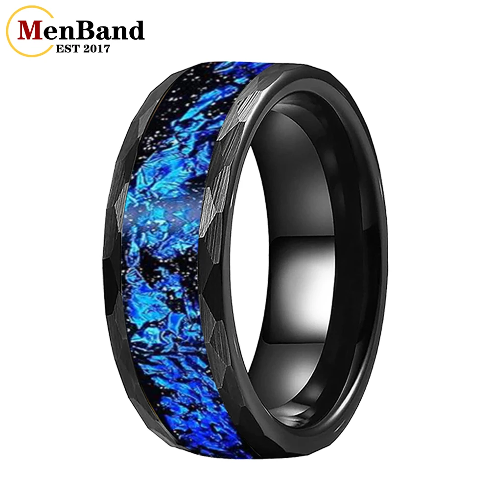 

MenBand 8MM Black Hammered Blue Foil Inlay Tungsten Wedding Rings Bands Anniversary Mans Mens Ring Jewelry Gifts Free Engraved