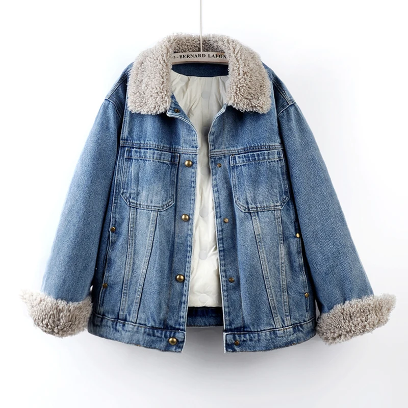 Winter New Women Faux Lambswool Lapel Thick Warm Down Liner Denim Jacket Casual Long Sleeve Blue Cowboy Outerwear Chaqueta Mujer