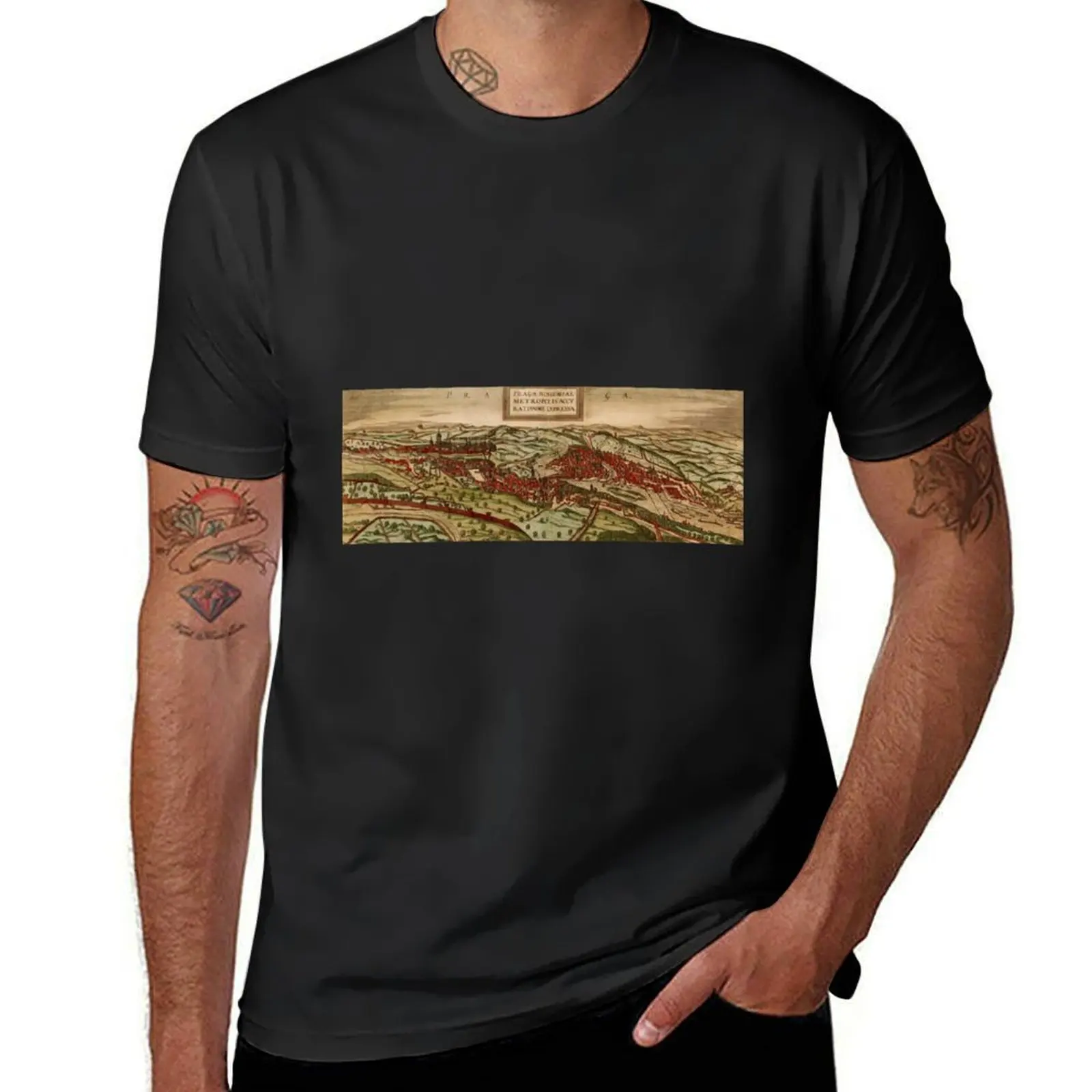 Historical Map of Prauge, Czech Republic (Bohemia, 1572) T-Shirt heavyweights summer top cute tops men clothings