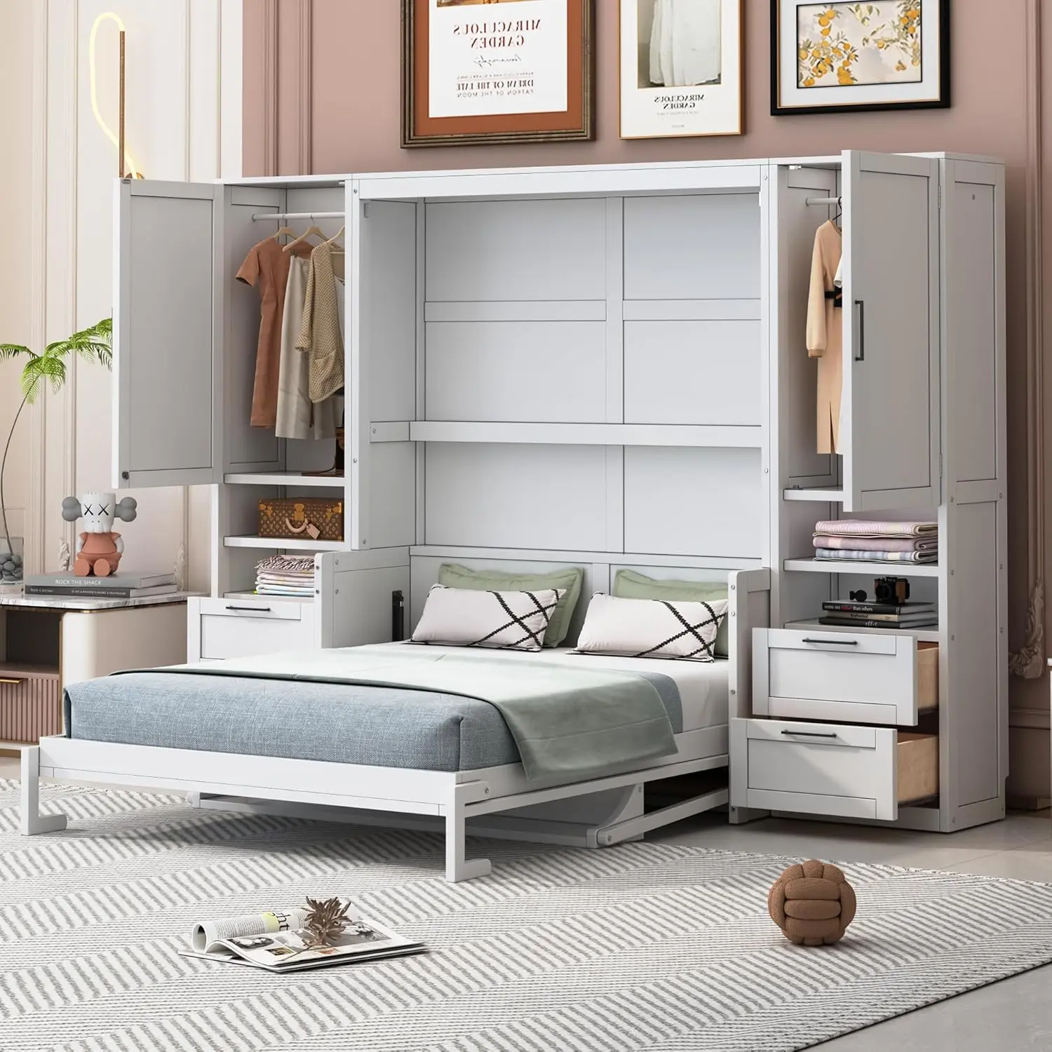 Luspaz Queen Size Murphy Bed With Closet & Shelves - Space-Saving Wall Beds Built-In Top Shelf + Side Wardrobe And Two Storage