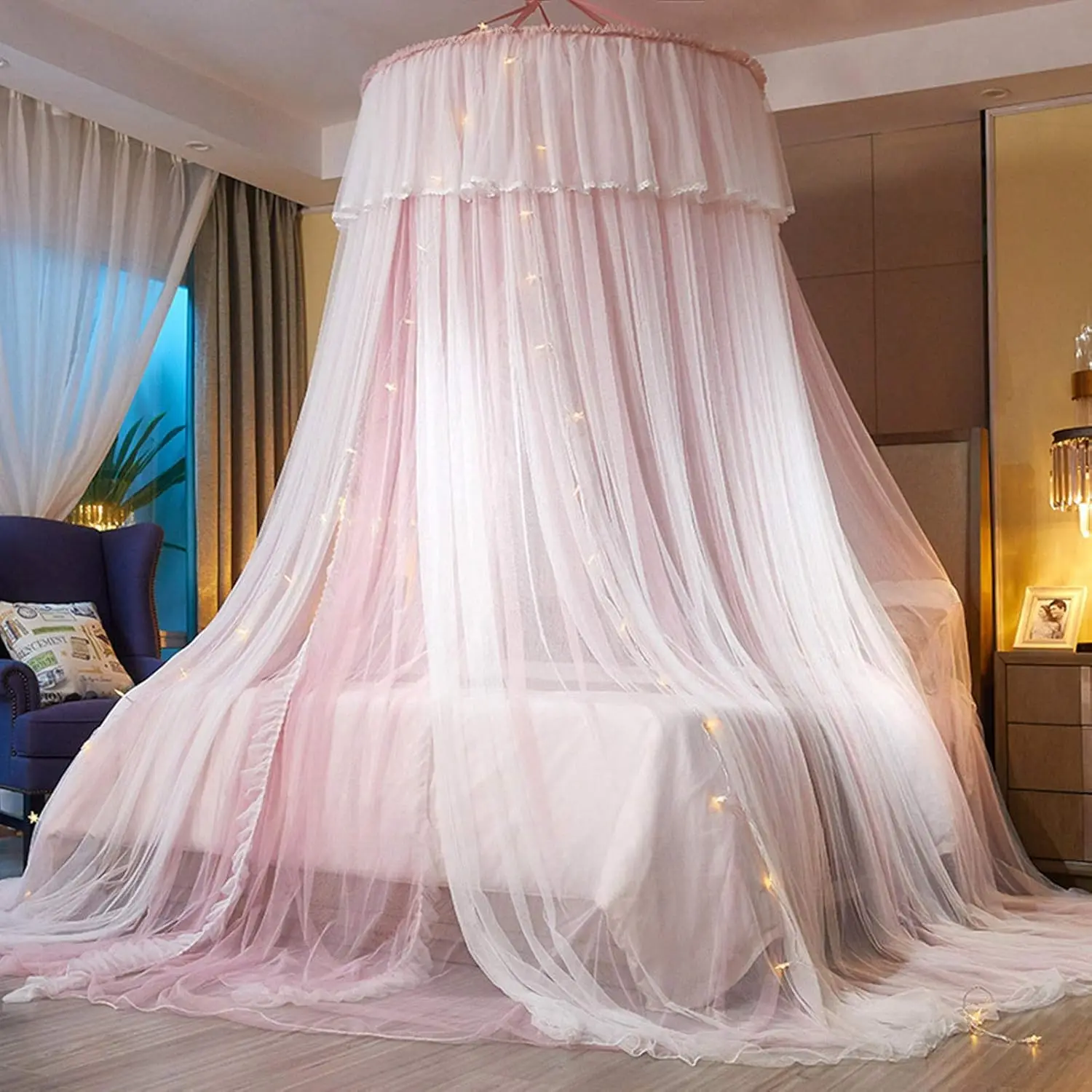 

Princess Bed Canopy for Girls, Double Layer Sheer Mesh Dome Curtain with Lace, Pink/White, Fits Twin to King Beds