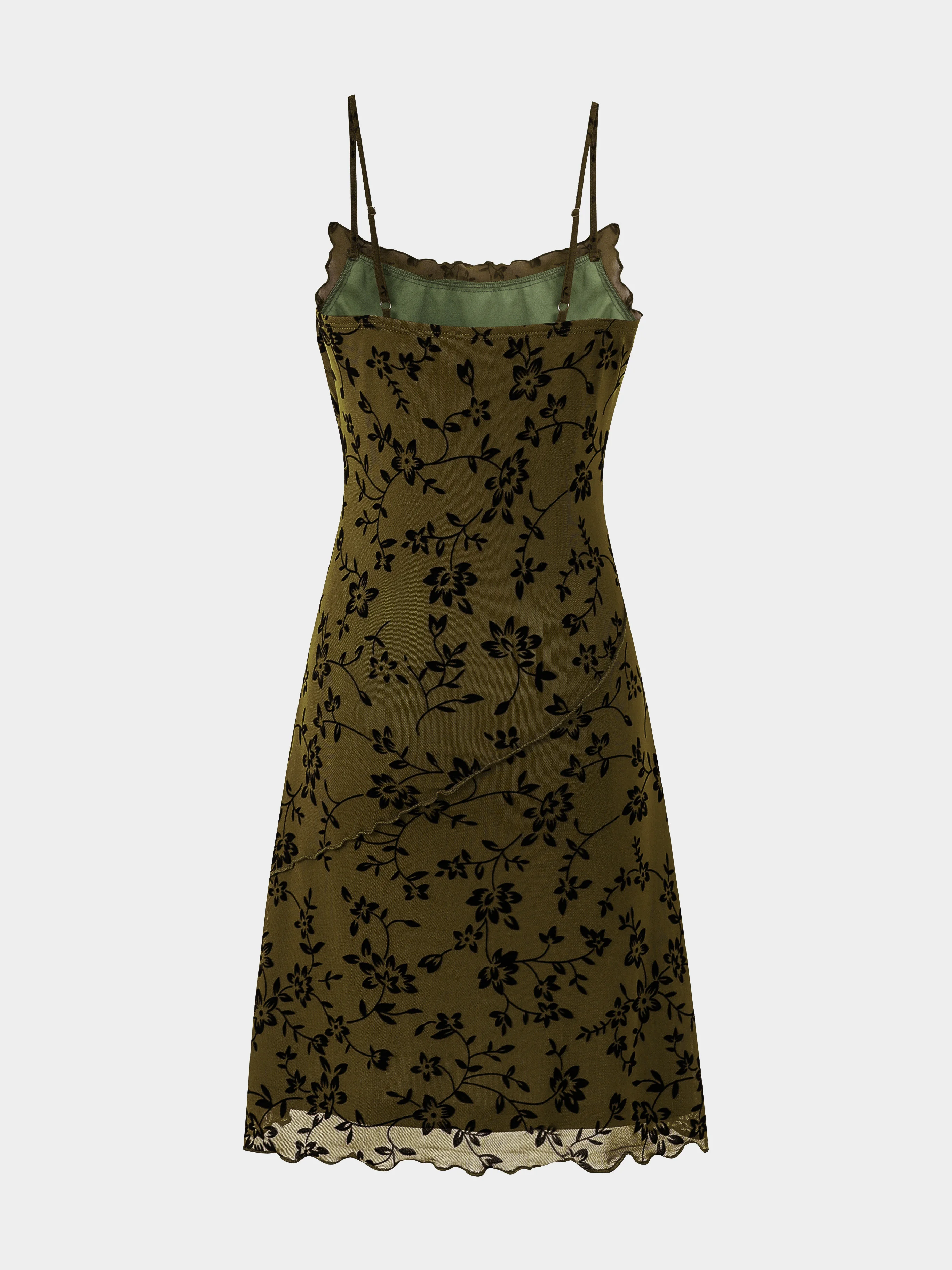 Women's Summer Fashion Slim Fit Flower Flocking Suspender Sleeveless Ruffle Dress