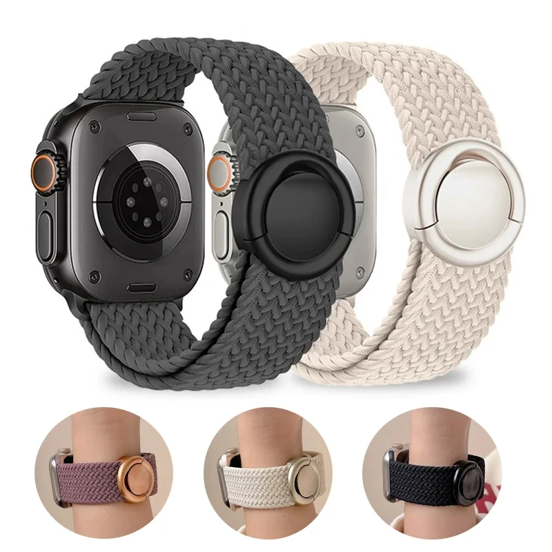 Elastic Braided Nylon Replacement Watch Strap with Round Lock Buckle Adjustable Wristband for Apple Watch 38/40/41/42/44/45/49mm