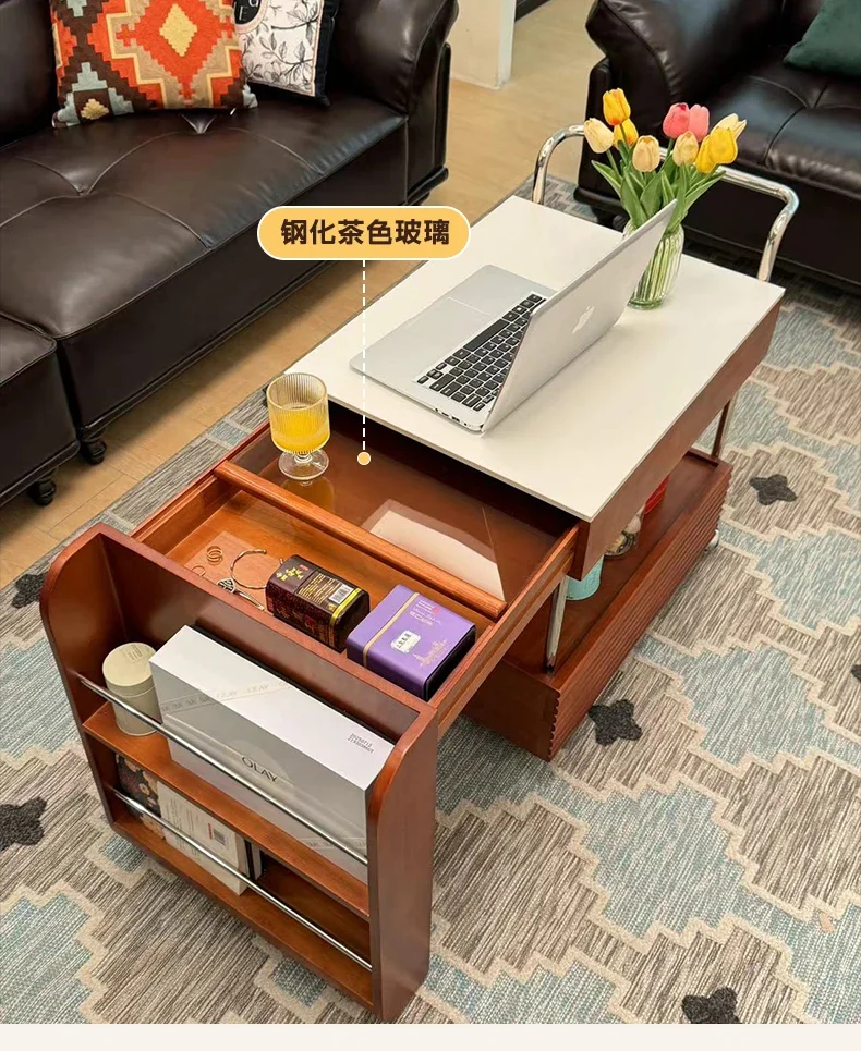 

yj9Retro solid wood stove to make tea mobile tea cabinet Japanese medieval style rock slab edge can be moved