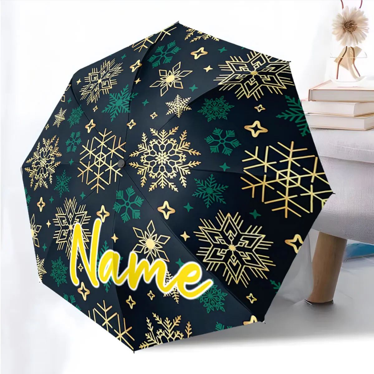 Custom Name Snowflake Pattern Umbrella with Personalized Design Print 8 Iron Ribs Folding Umbrella, Auto-Open Fashion Sunshade