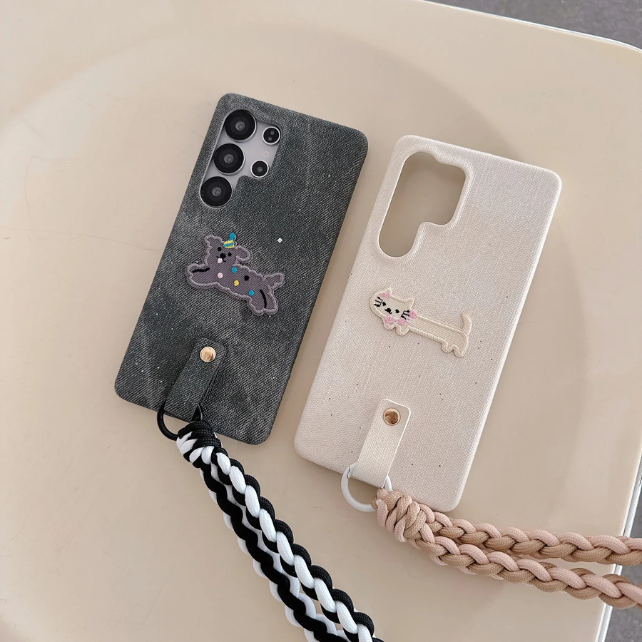 Cartoon DIY Dog Denim Jeans Phone Case for Samsung S25 S24 S23 Ultra Anti-scratch Cover iPhone 17 Air 16 15 14 13 12 11 Pro Max