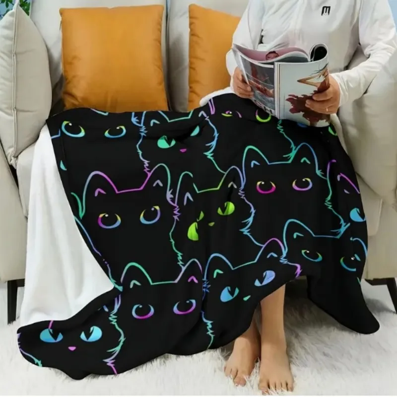 بطانية فيكاما كارتونية سوداء على شكل قطة من الفلانيل، مناسبة للمكتب والديكور المنزلي والأسرة والأرائك والسيارات وبطانيات القيلولة