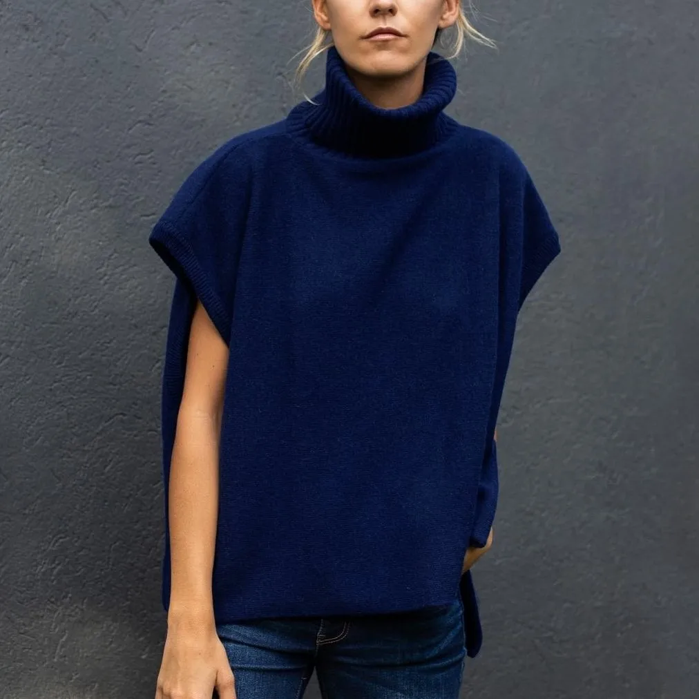 Turtleneck Pullover Knit Women's Sweater Split Hem Sleeveless Oversized Knitwear Tops Female Solid Fashion Streetwear Outwear