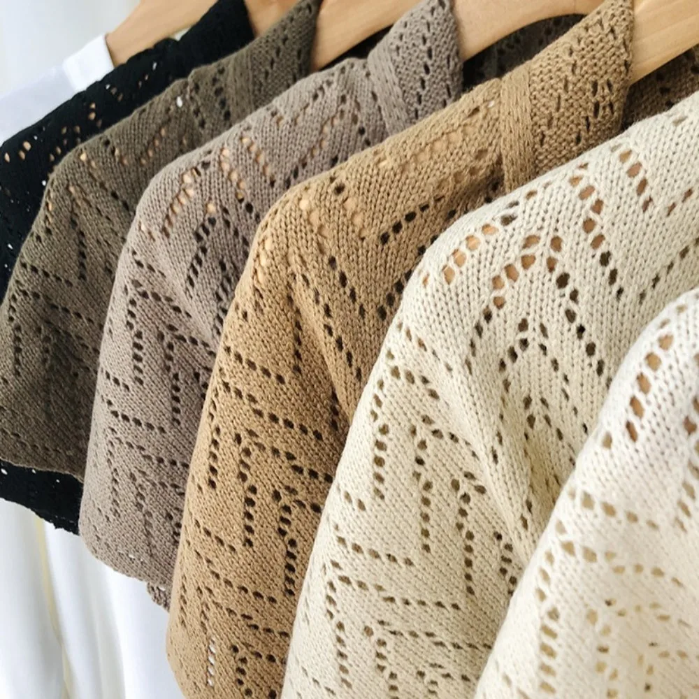 Triangle Shape Striped Cutout Cape Terylene Warp Knitting Sun Protection Cape Korean Style Solid Color Stripe Knitted Shawl