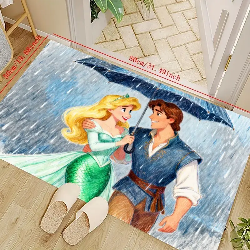 

1PC Romantic Cartoon Princess & Prince Love Story Floor Mat, Under Umbrella Rainy Day Area Rug, Soft Non-Slip Decorative Carpet