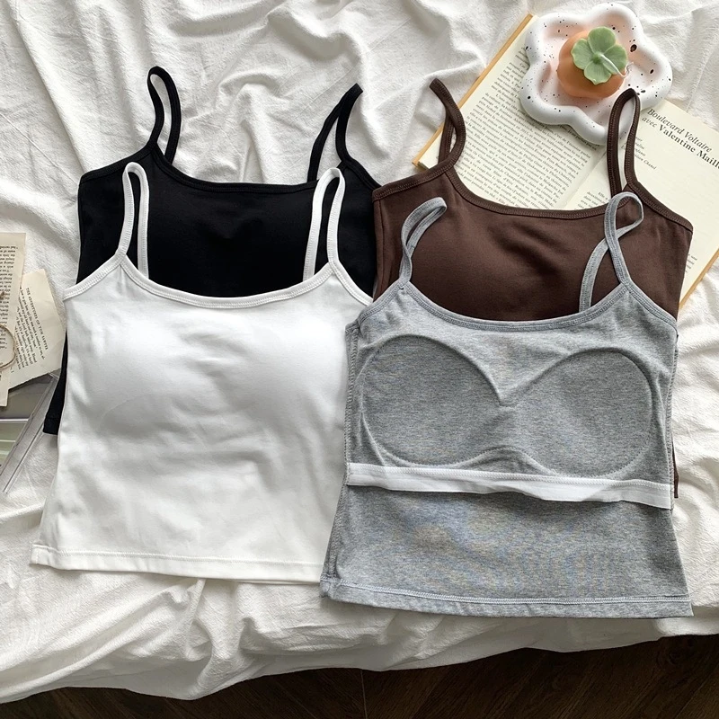 

Figure-flattering Short Vest Solid Tone Elegant Back Camisole with Removable Padding Dual Wear Daily Essential Top