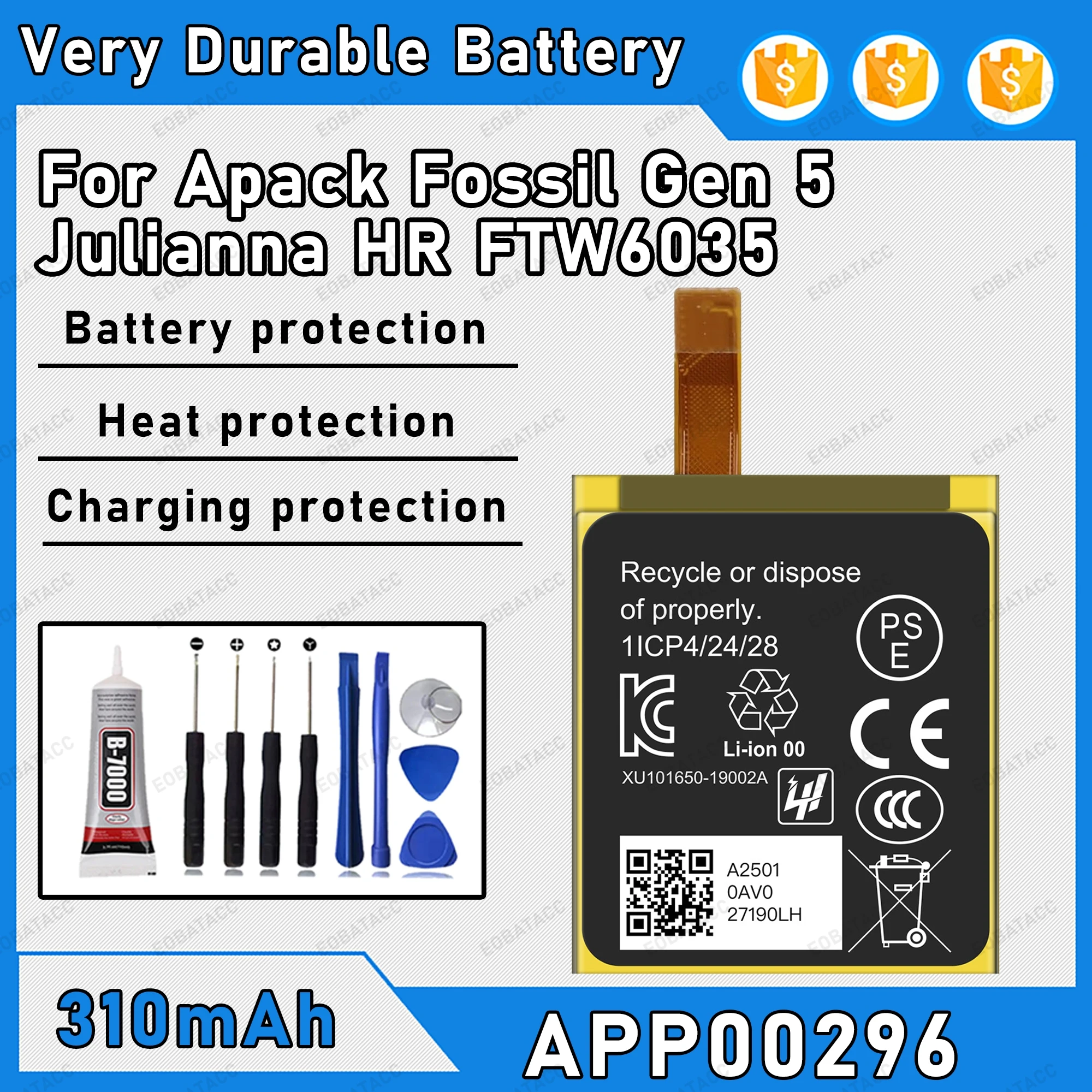 

Аккумулятор 450 мАч, 100% новый, APP00296, для Fossil Gen 5 / Fossil Julianna HR FTW6035, сменный аккумулятор + бесплатные инструменты