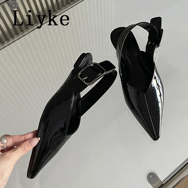 Liyke High Quality Cozy Patent Leather Pointed Toe  Flat Mules Sandals Fashion Big Buckle Strap Women Party Dress Shoes Size 43