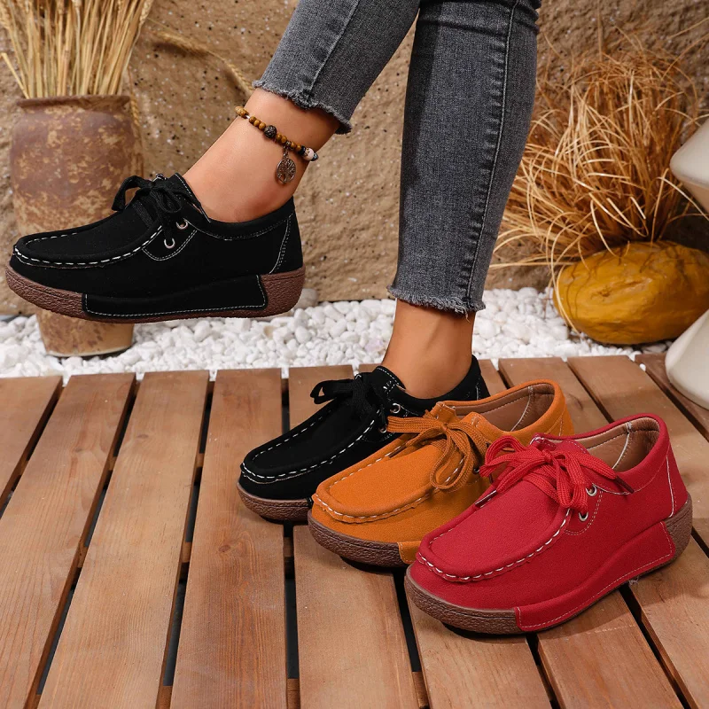 

Korean Style Soft Leather Sports Shoes for Women Thick Sole Height Increasing Platform Shoes Soft Sole Lace-up Casual Mom Shoes