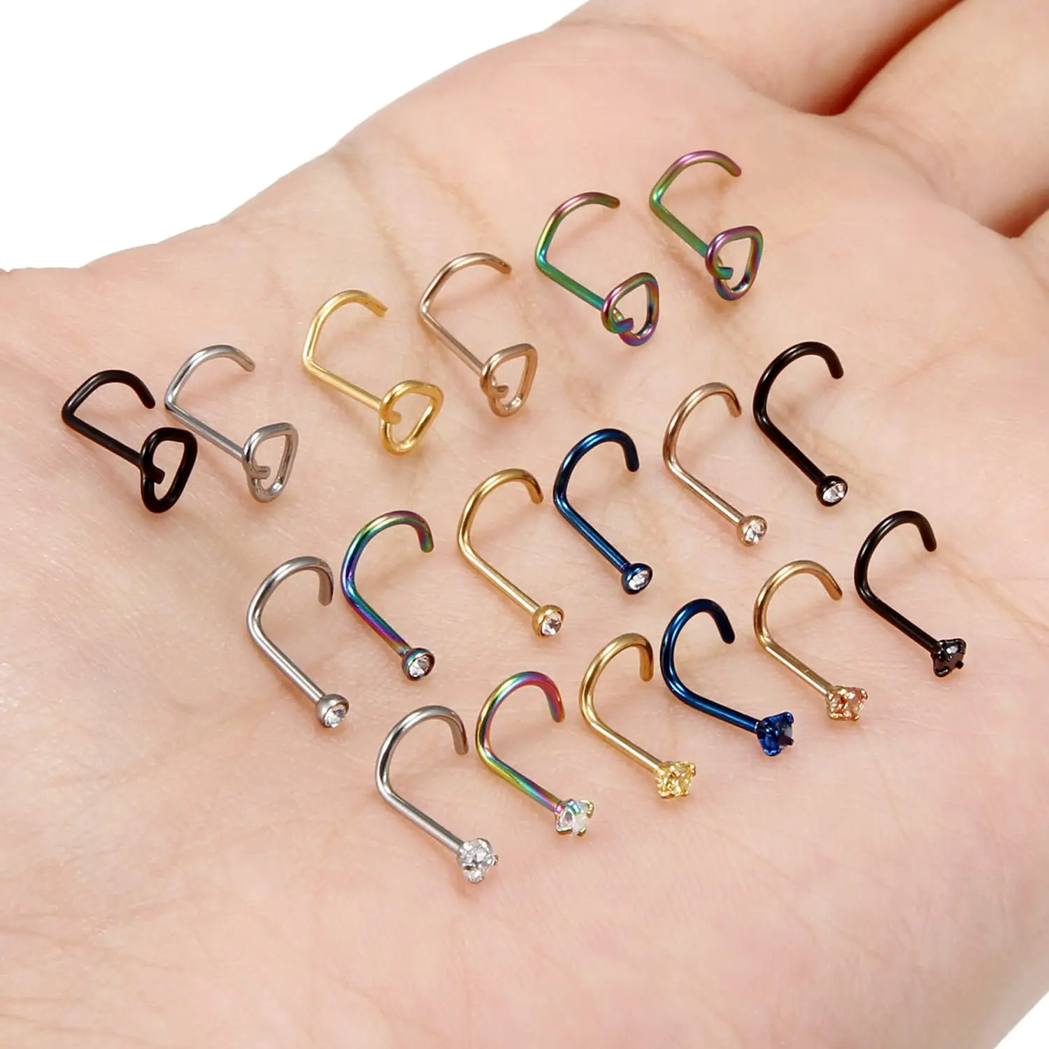 1Pcs/18Pcs 20G Nose Rings Studs Stainless Steel Bend Rod Spiral Screw Nose Rings Piercings Jewelry for Women Men 6 Clolors