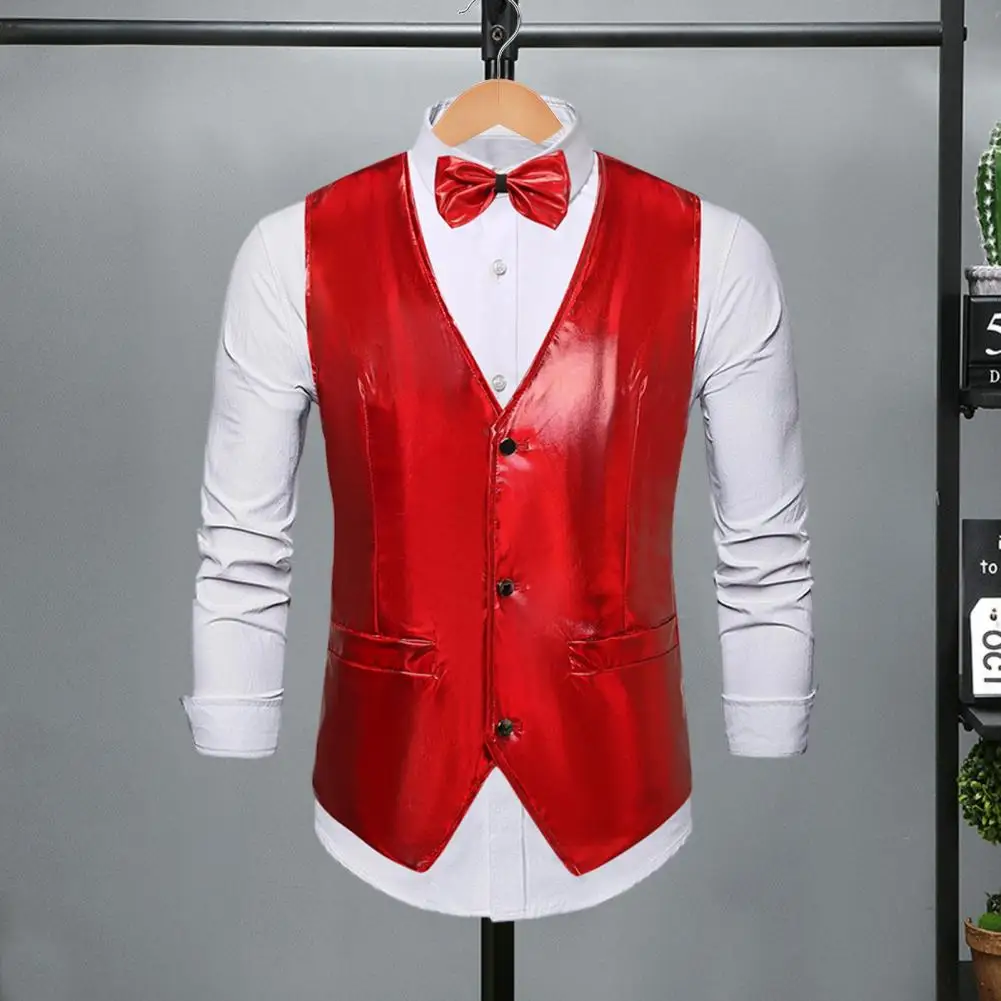 

Men Single-breasted Vest Retro Disco Groom Wedding Party Men's Vest Bow Tie Set with Glossy Surface V Neck for Special