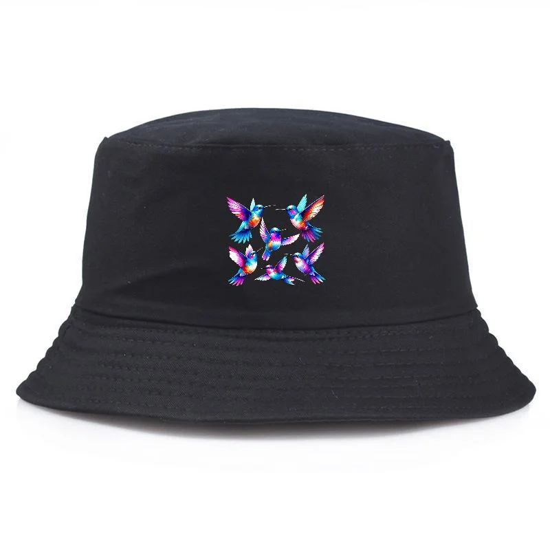 Colorful Hummingbird Print Bucket Hat Cotton Casual Fisherman Cap Y2K Vintage Packable Sun Hat Outdoor Classic Streetwear