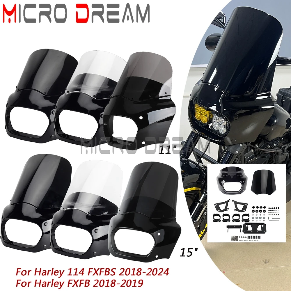 

11" 15" Dual LP4 For Baja Headlight Club Style Fairing Wndscreen Windshield Kit For Harley Softail Fat Bob FXFB 18-19 114 FXFBS