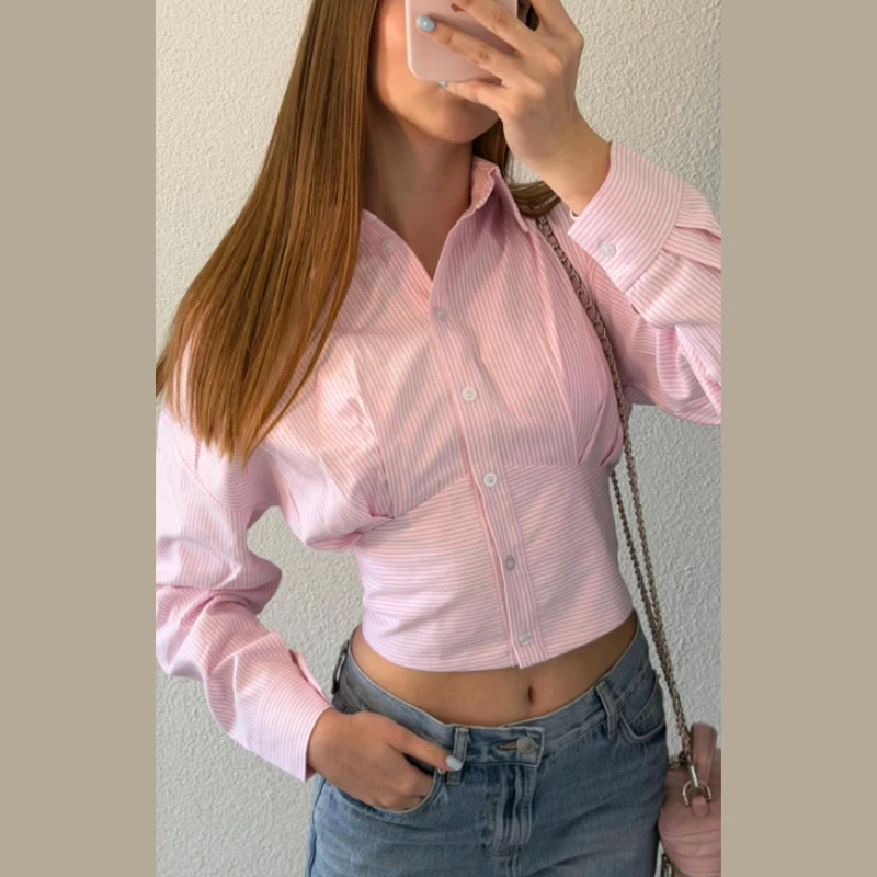 

Lady Elegant Casual Cinched Waist Mini Short Chic Single Breasted Lapel Long Sleeve Blouse 2026 Spring Striped Pink Commuter Top