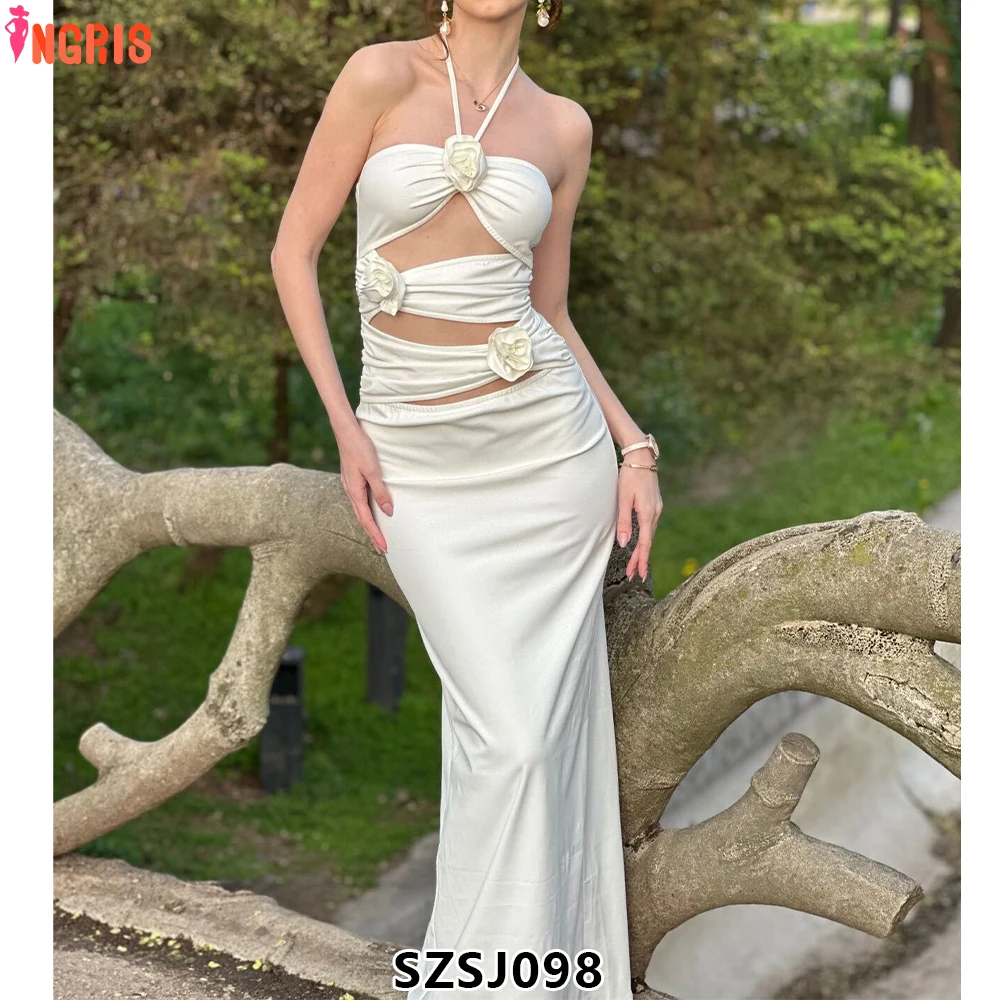 

OPPEIN Women's Slim Halter Long Skirt Pleated Hollow Flower Sexy Slim Fit Dress-SZSJ098