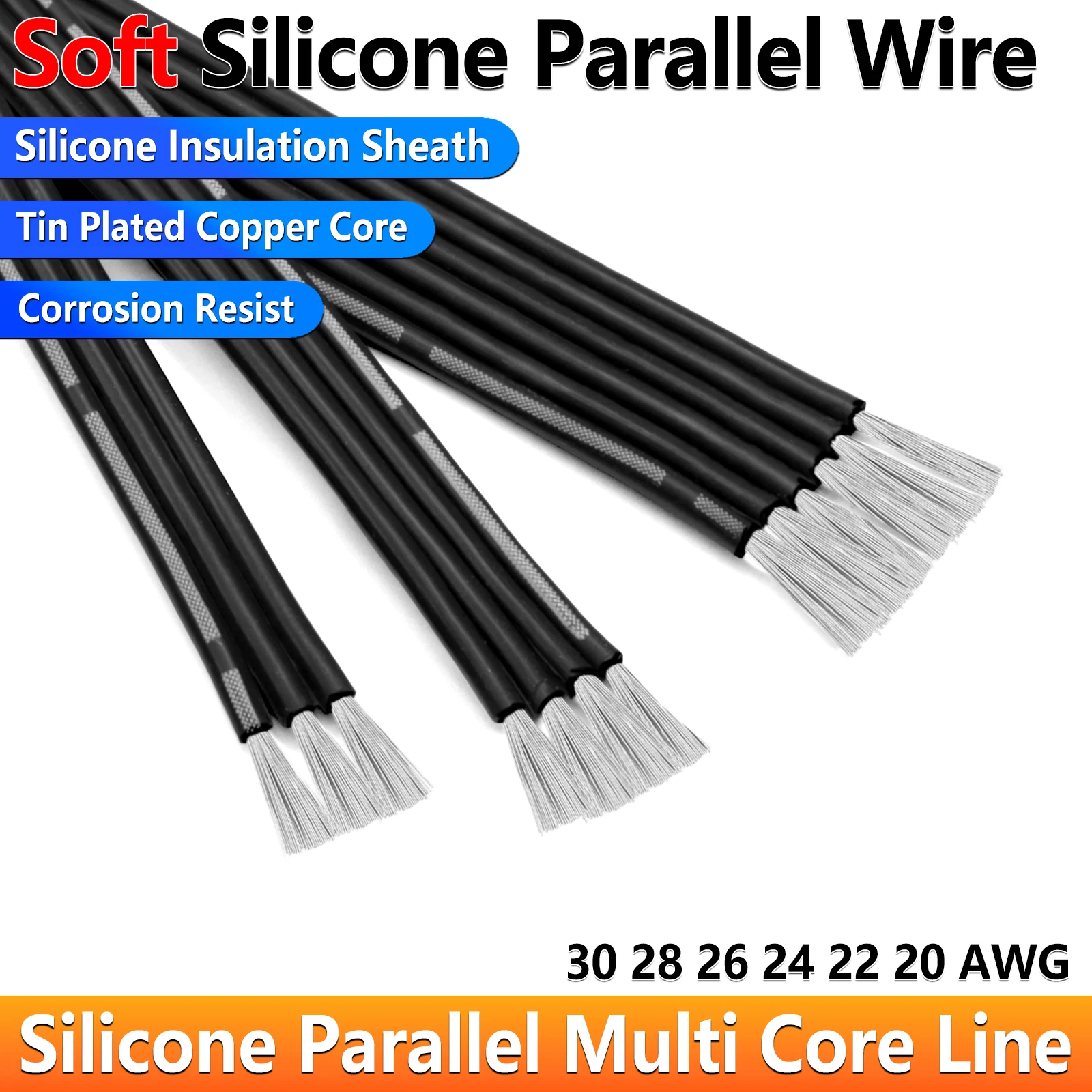 

1/5/10/50M Soft Silicone Parallel Multi Core Wire 30 28 26 24 22 20AWG 2P 3P 4P 6P 8P 10P High Temperature Tinned Copper Cable