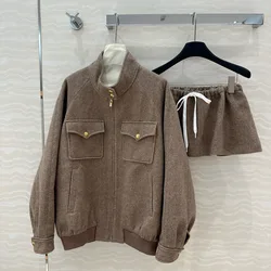 2024 Autumn New Tooling Style Fashion Off Shoulder Jacket American Retro Long-Sleeved Woolen Coat + Short Skirt Suit For Women