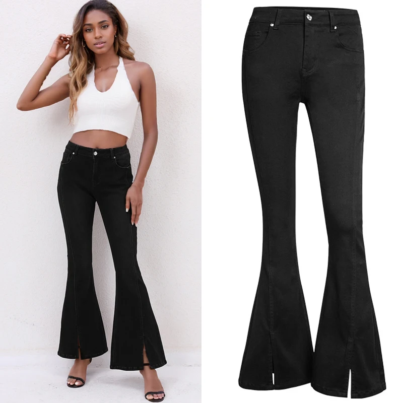 Stretch Flared Jeans Women Boot Cut Pants Ankle Front Split Denim Trousers Luxury Trendy Bell Bottom Office Lady Plussize 4XL