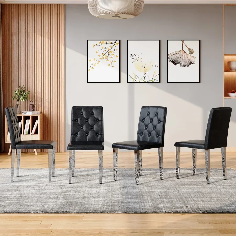4-pack black PU dining chairs: ergonomic buckle backrest, 35 inches high, silver metal legs, Combines Comfort and Texture.Perfe