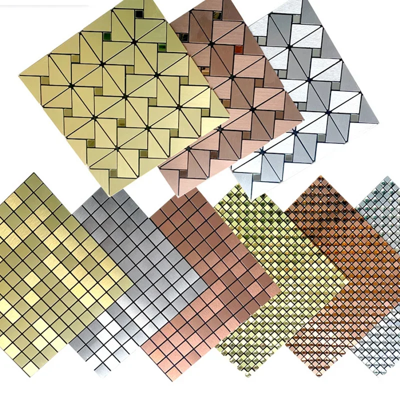 

5PCS Mosaic Metal Aluminum Plastic Panel Wall Sticker Self-adhesive Waterproof Non-slip Kitchen Bathroom Tiles Wall Decoration