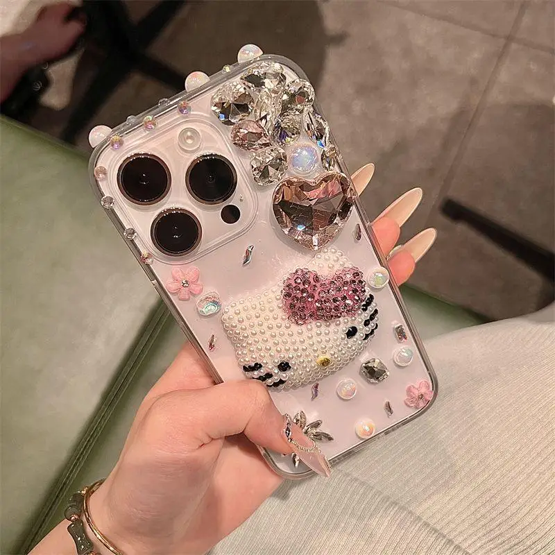 Hot Sanrio Kawaii Iphone Phone Case Hello Kitty Cartoon Three-Dimensional Glue Diamond Iphone15Promax Cartoon Anti-Fall Cover image 3