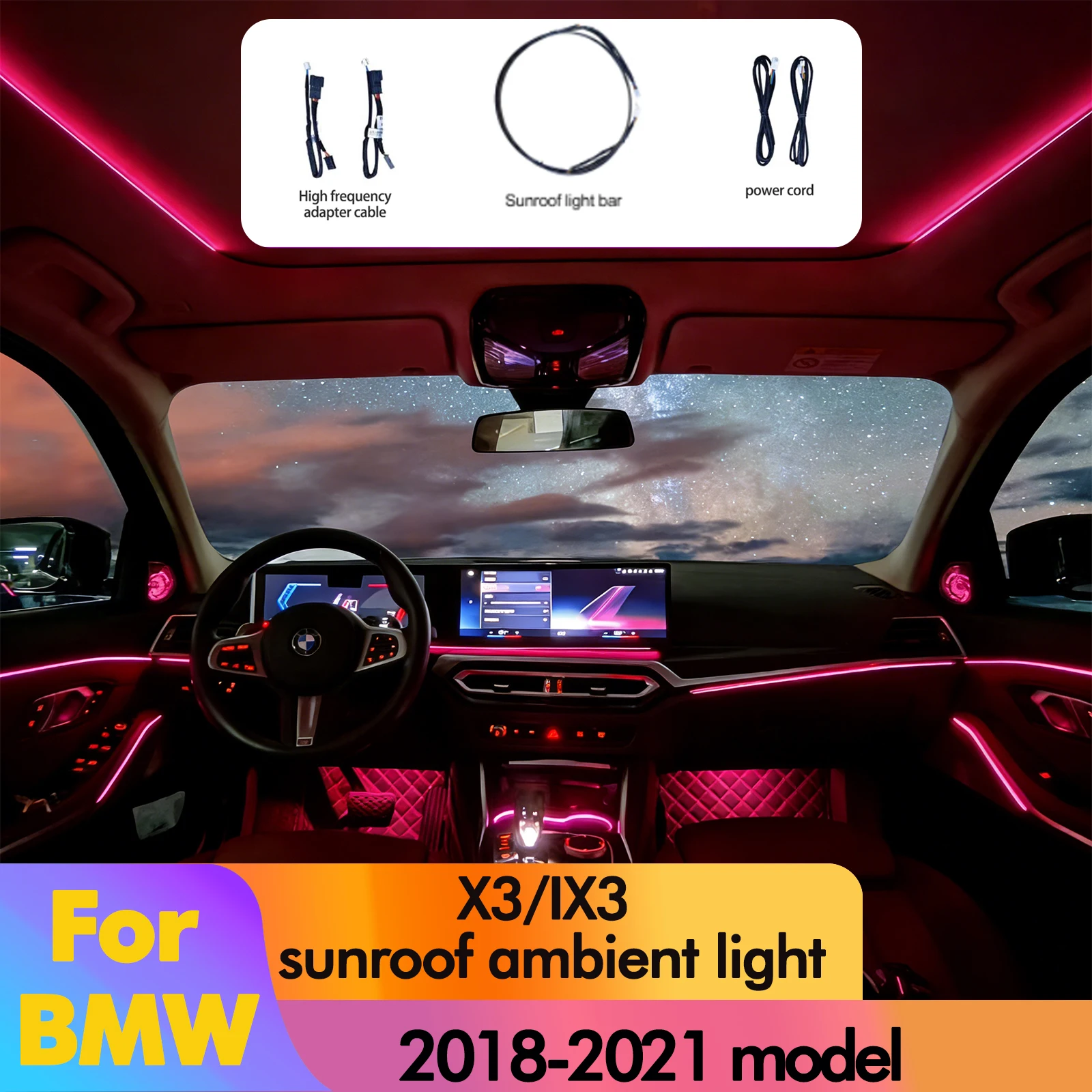 

Атмосферная подсветка для BMW X3 iX3 2018-2024, боковые светодиоды для панорамной крыши, синхронизация с оригинальным заводским протоколом, 11 цветов, Plug&Play