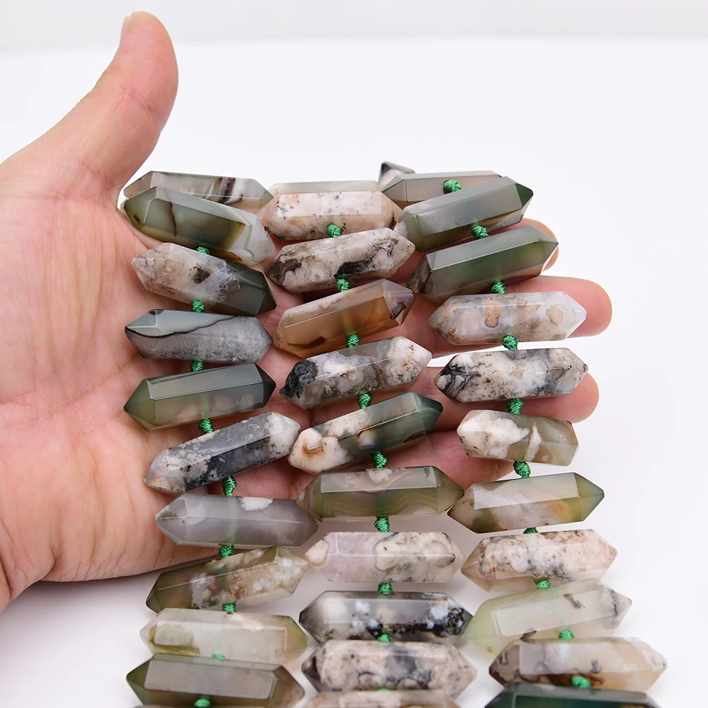 APDGG Big Size 40mm Natural Mix Green Sakura Quartz Blossom Cherry Agates Cutting Double Pointed Loose Beads 16''