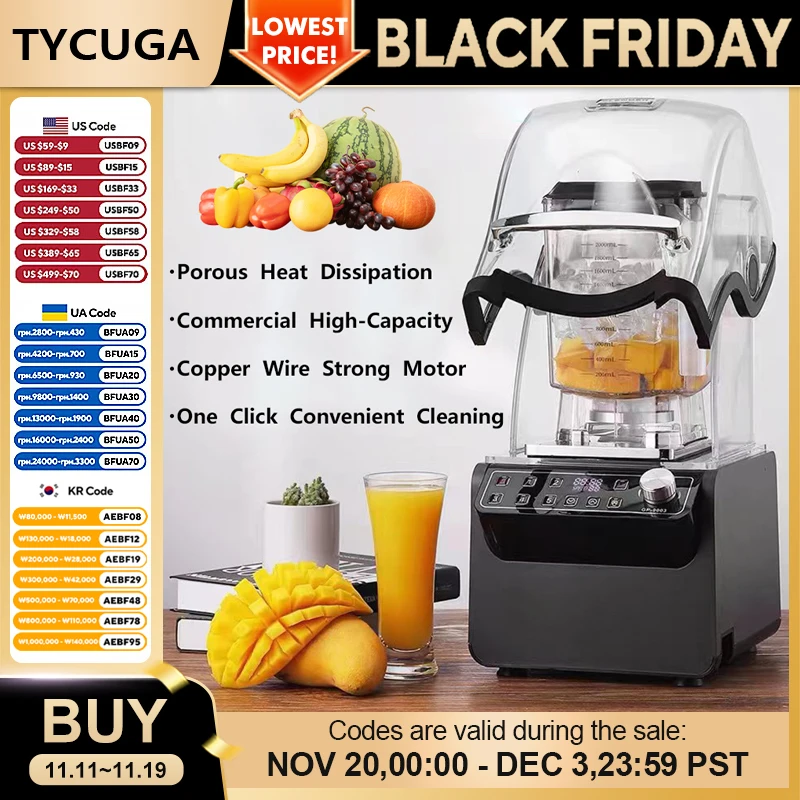 1800W Commercial Ice Blender Machine Heavy Duty Smoothie Maker Fruit Blender Mixer Juicer High Power Food Processor 26000RPM