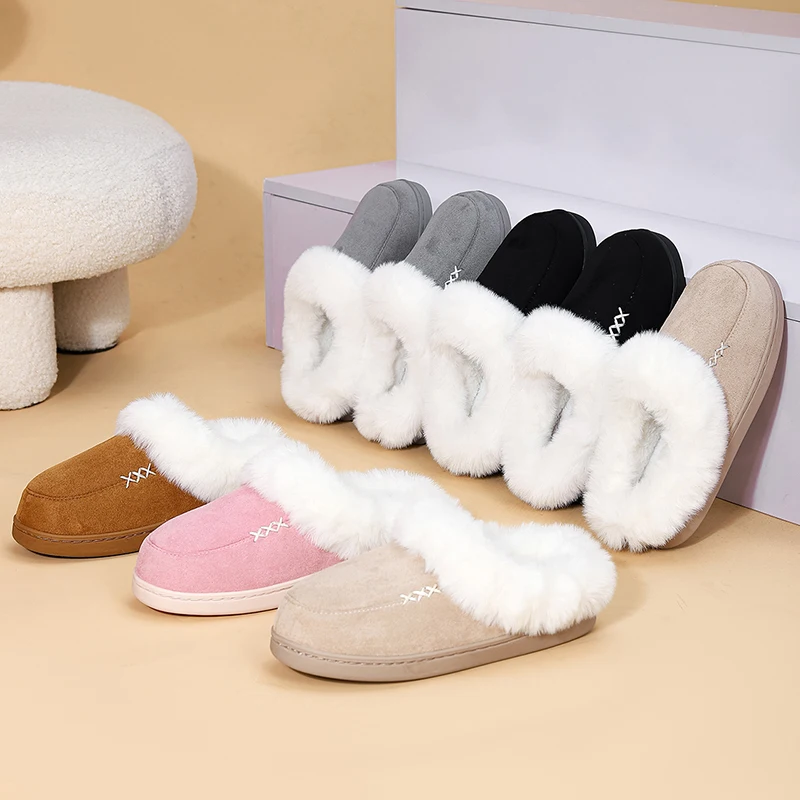 Winter Warm Flat Fur Slippers Women Faux Suede Fluffy Furry Home Slides Woman Comfort Non Slip Indoor Floor Cotton Shoes 45