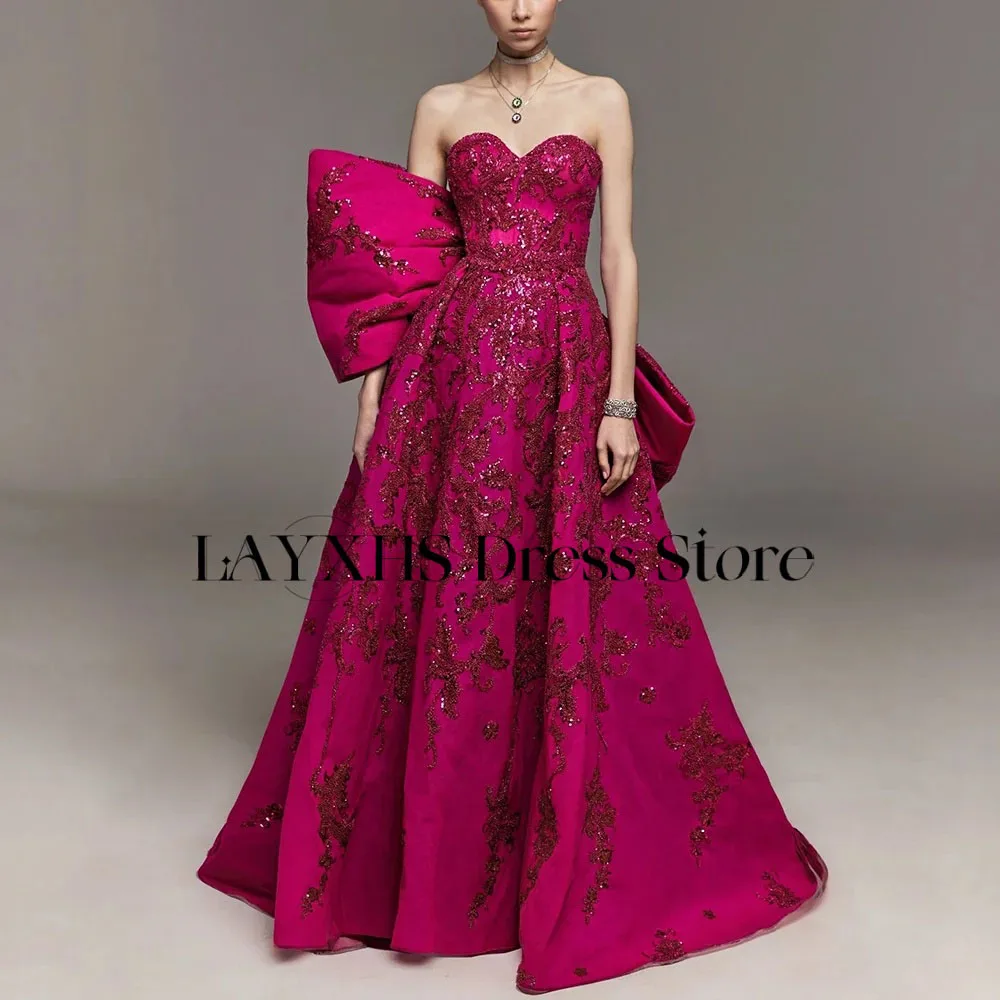 

LAYXHS Gorgeou Sweetheart Evening Dresses A-Line Bow Sequined Appliques Pleat Prom Dresses Customized فساتين سهرة