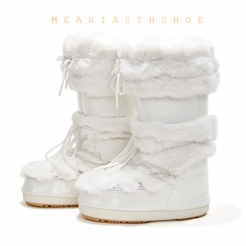 Ski boots new 2026 winter long warm thick bottom white faux fur boots waterproof and anti slip high tube snow boots for women view 2