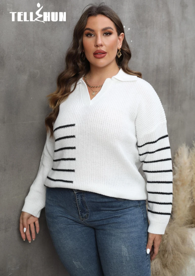 Striped Polo Neck Autumn Winter Pullover Sweater Women\'s Sweatshirt Loose Casual Warm Sweater Fashion Clothing Tops PLus Size