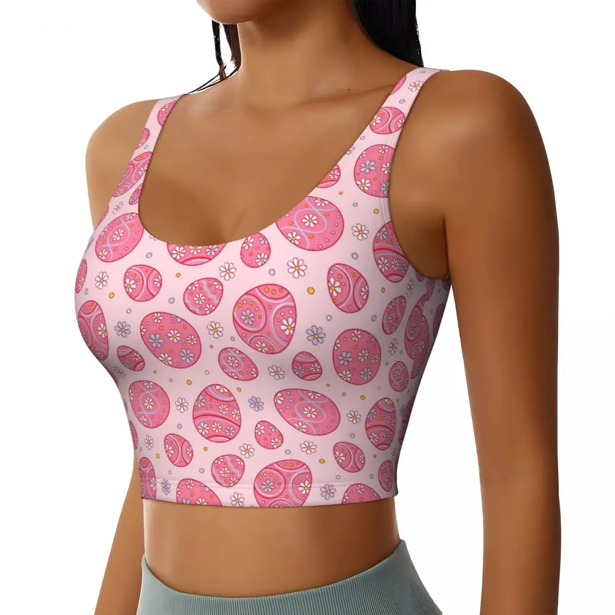 Pink Flowers Cute Eggs Print Crop Top Women Cozy U-Shaped Back Sports Vest Athletic Tank Tops All Seasons Breathable