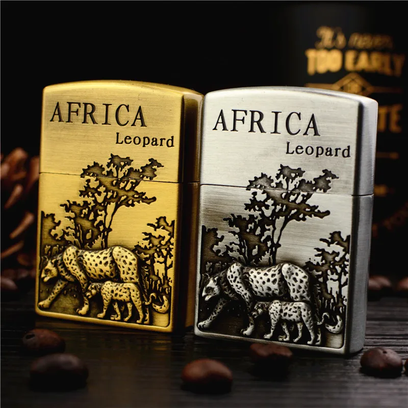 

Bronze African Leopard Relief Inflatable Butane Lighter Retro Windproof Grinding Wheel Flip-Top Lighter Men's Festival Gift