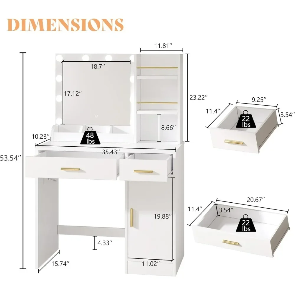 Tocador de maquillaje de 35,5 pulgadas con espejo y luces, tocador con luces, 3 ajustes de modelos y toma de corriente, tocador con 2 cajones