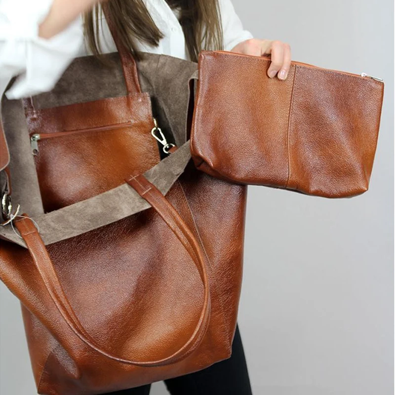 Brown Oversized Leather Tote Bag Shoulder Bag Slouchy Tote Handbag for Women Weekender Soft Leather Bag Campus Bag